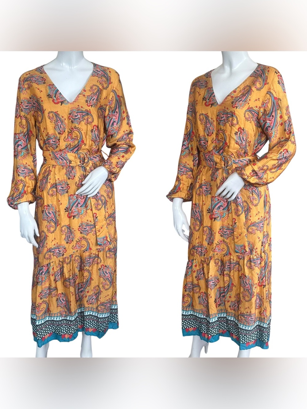 Emily Lovelock Gold Yellow Paisley Print Belted Long Sleeve Boho Maxi Dress S